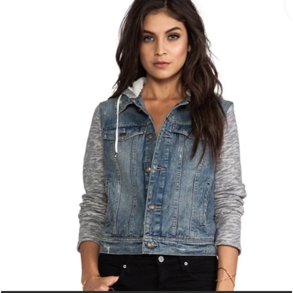 FREE PEOPLE heathered grey hooded sweatshirt distressed denim jean jacket Small